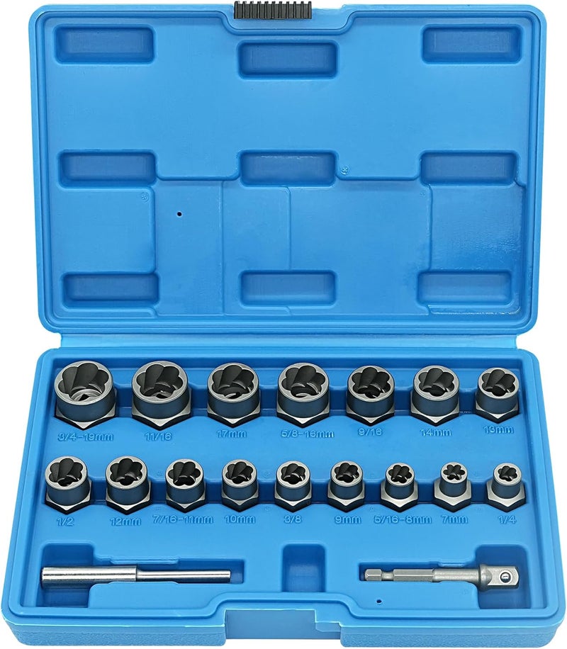 GMTOOLS 18-Piece Screw Puller Kit, Multi-Spline Hex Head, 3/8 Inch Drive Easy Removal Bolt Puller Kit for Removing Stripped, Rounded, Damaged, Broken, Screws and Bolts Removal Kit - Image 1